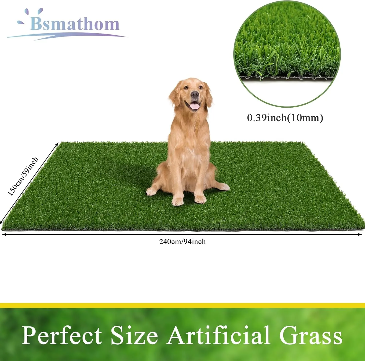 Bsmathom Artificial Grass Rug Indoor Outdoor Rug, 5x8Ft Fake Grass Rug Synthetic Grass Mat Dog Grass Mat with Drainage Holes Fake Grass Rug for Pet, Garden Lawn Landscape, 5x8Ft