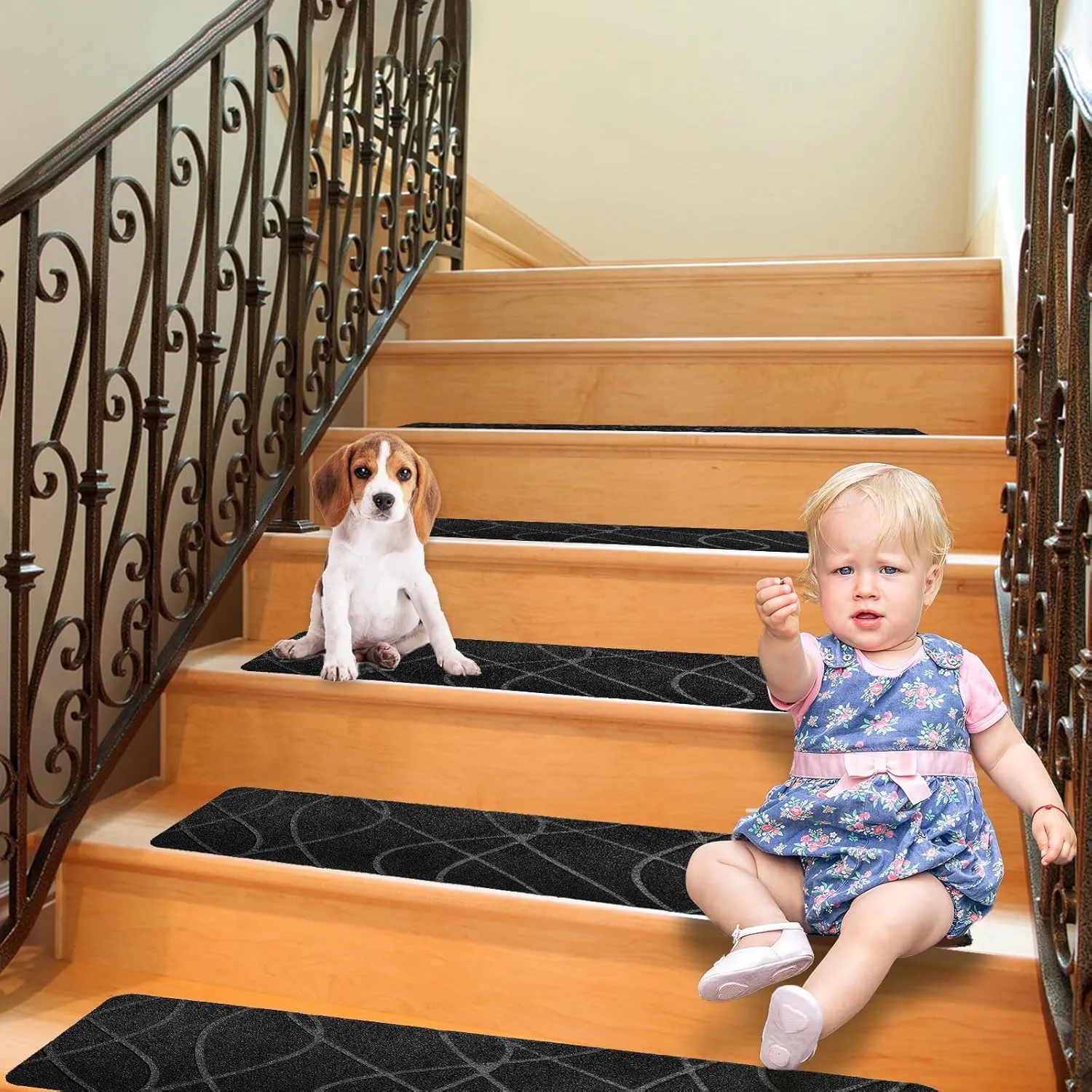 Bulijojo Non-Slip Carpet Stair Treads for Wooden Steps Set of 15, 30"X8" Indoor Stair Runner Stair Rugs for Dogs, Kids & Elders, Stair Mat with Reusable Adhesive (Curve Black)
