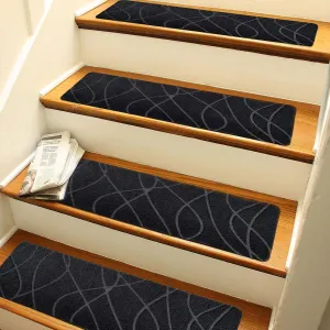 Bulijojo Non-Slip Carpet Stair Treads for Wooden Steps Set of 15, 30"X8" Indoor Stair Runner Stair Rugs for Dogs, Kids & Elders, Stair Mat with Reusable Adhesive (Curve Black)