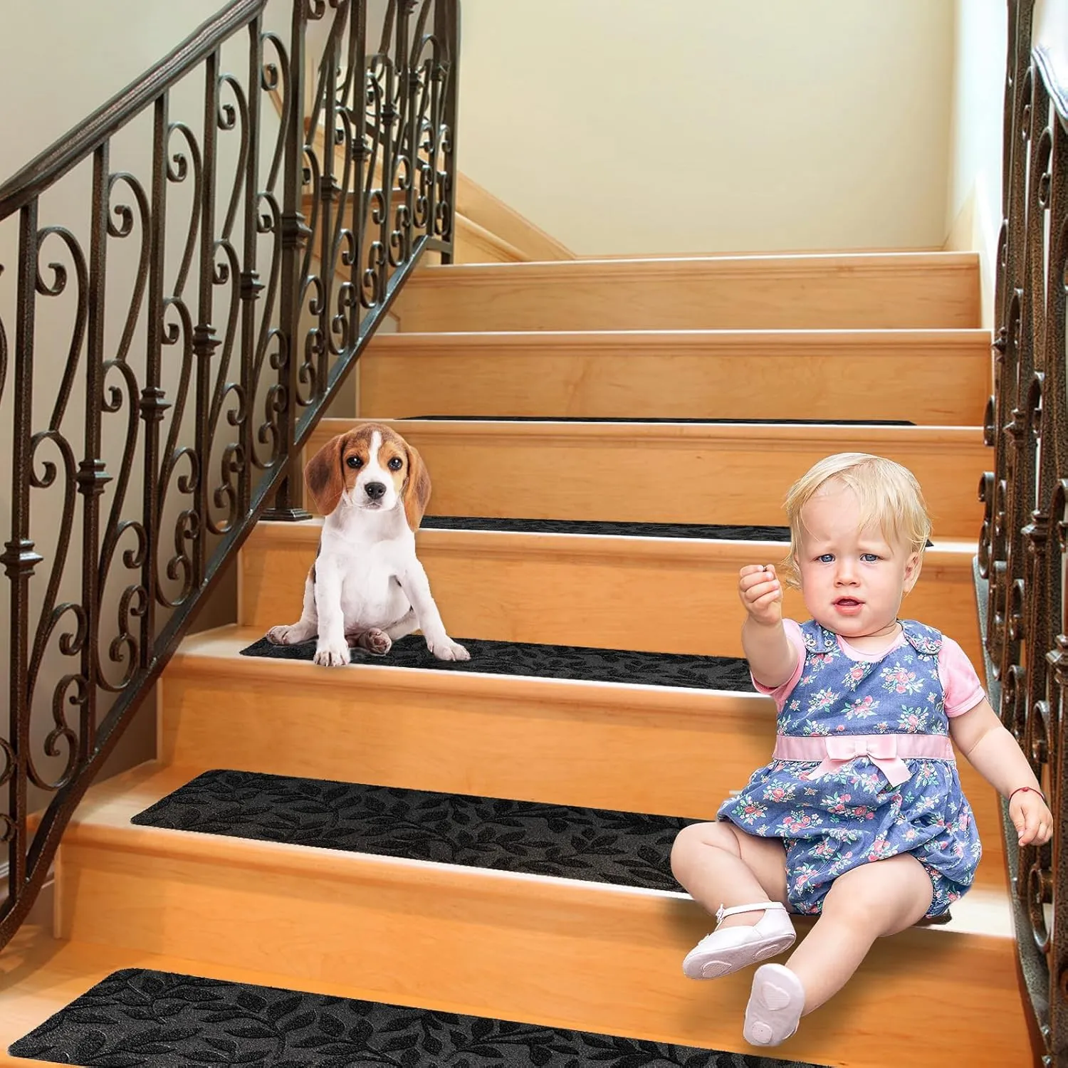 Bulijojo Non-Slip Carpet Stair Treads for Wooden Steps Set of 15, 30"X8" Indoor Stair Runner Stair Rugs for Dogs, Kids & Elders, Stair Mat with Reusable Adhesive (Leaf Black)
