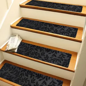 Bulijojo Non-Slip Carpet Stair Treads for Wooden Steps Set of 15, 30"X8" Indoor Stair Runner Stair Rugs for Dogs, Kids & Elders, Stair Mat with Reusable Adhesive (Leaf Black)