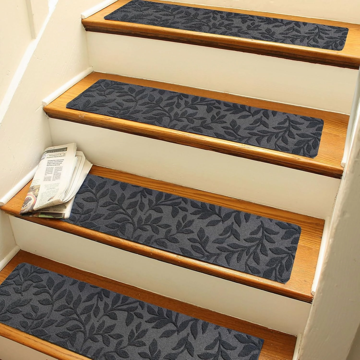 Bulijojo Non-Slip Carpet Stair Treads for Wooden Steps Set of 15, 30"X8" Indoor Stair Runner Stair Rugs for Dogs, Kids & Elders, Stair Mat with Reusable Adhesive (Leaf Grey)