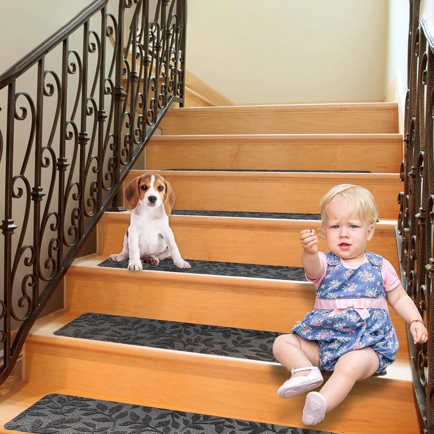 Bulijojo Non-Slip Carpet Stair Treads for Wooden Steps Set of 15, 30"X8" Indoor Stair Runner Stair Rugs for Dogs, Kids & Elders, Stair Mat with Reusable Adhesive (Leaf Grey)