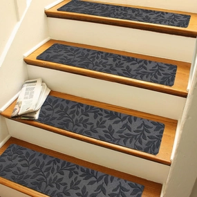 Bulijojo Non-Slip Carpet Stair Treads for Wooden Steps Set of 15, 30"X8" Indoor Stair Runner Stair Rugs for Dogs, Kids & Elders, Stair Mat with Reusable Adhesive (Leaf Grey)