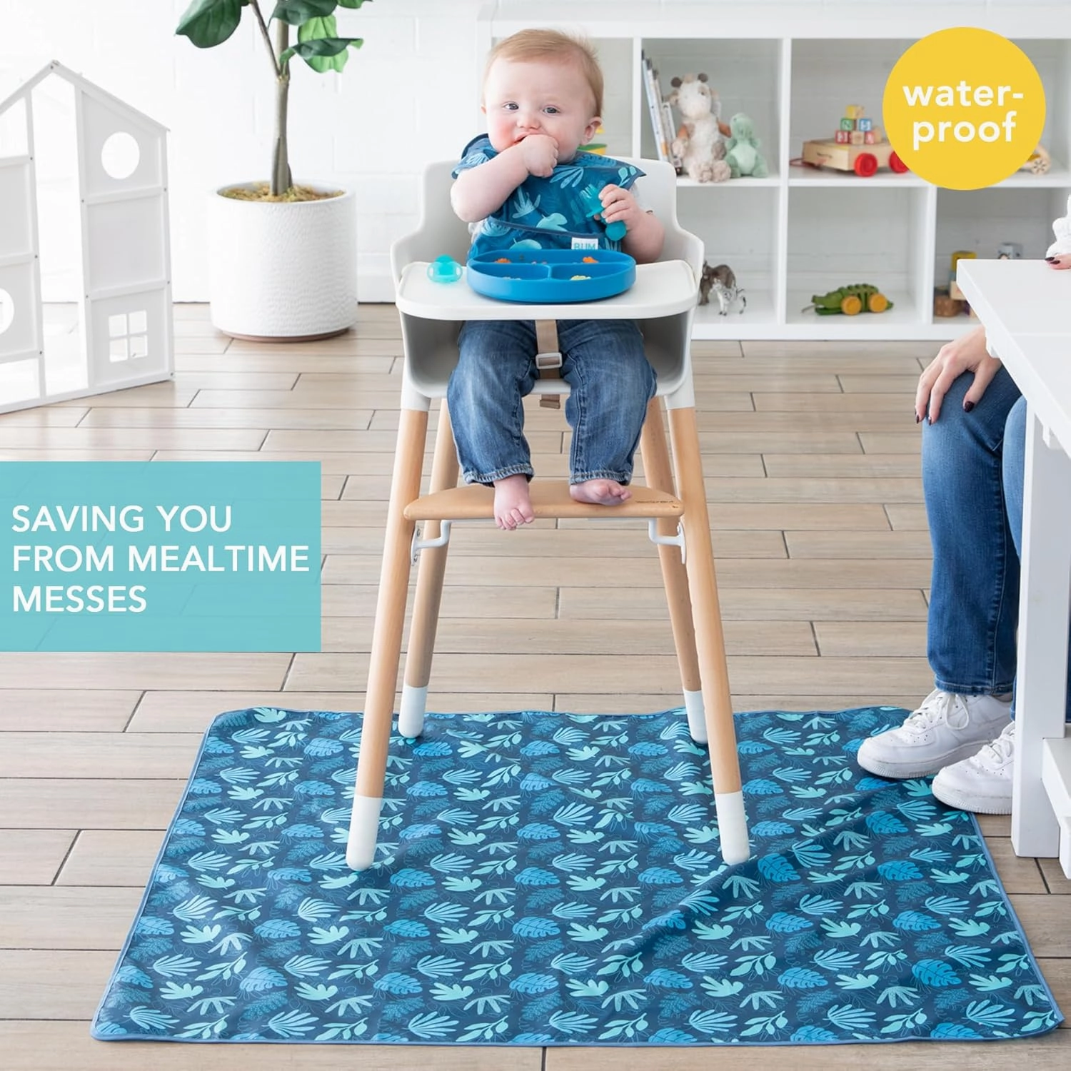 Bumkins Baby Splat Mat for Under High Chair, Babies Toddlers Eating Mess Mat, Waterproof Reusable Cloth for Arts and Crafts, Playtime Mat for Kids, Floors or Tables, Fabric 42inx42in, Blue Tropic