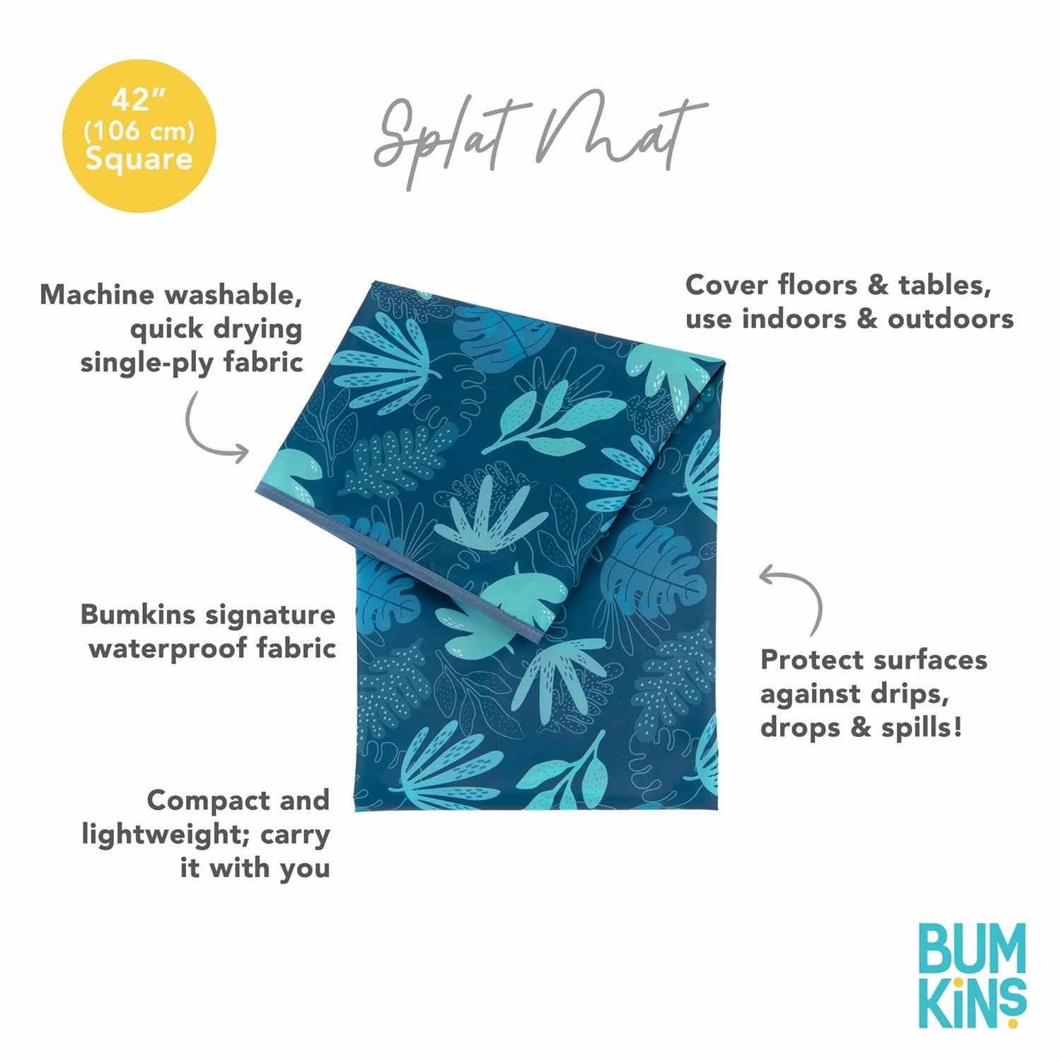 Bumkins Baby Splat Mat for Under High Chair, Babies Toddlers Eating Mess Mat, Waterproof Reusable Cloth for Arts and Crafts, Playtime Mat for Kids, Floors or Tables, Fabric 42inx42in, Blue Tropic