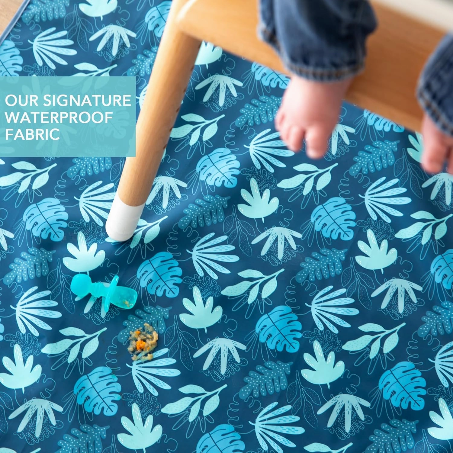 Bumkins Baby Splat Mat for Under High Chair, Babies Toddlers Eating Mess Mat, Waterproof Reusable Cloth for Arts and Crafts, Playtime Mat for Kids, Floors or Tables, Fabric 42inx42in, Blue Tropic