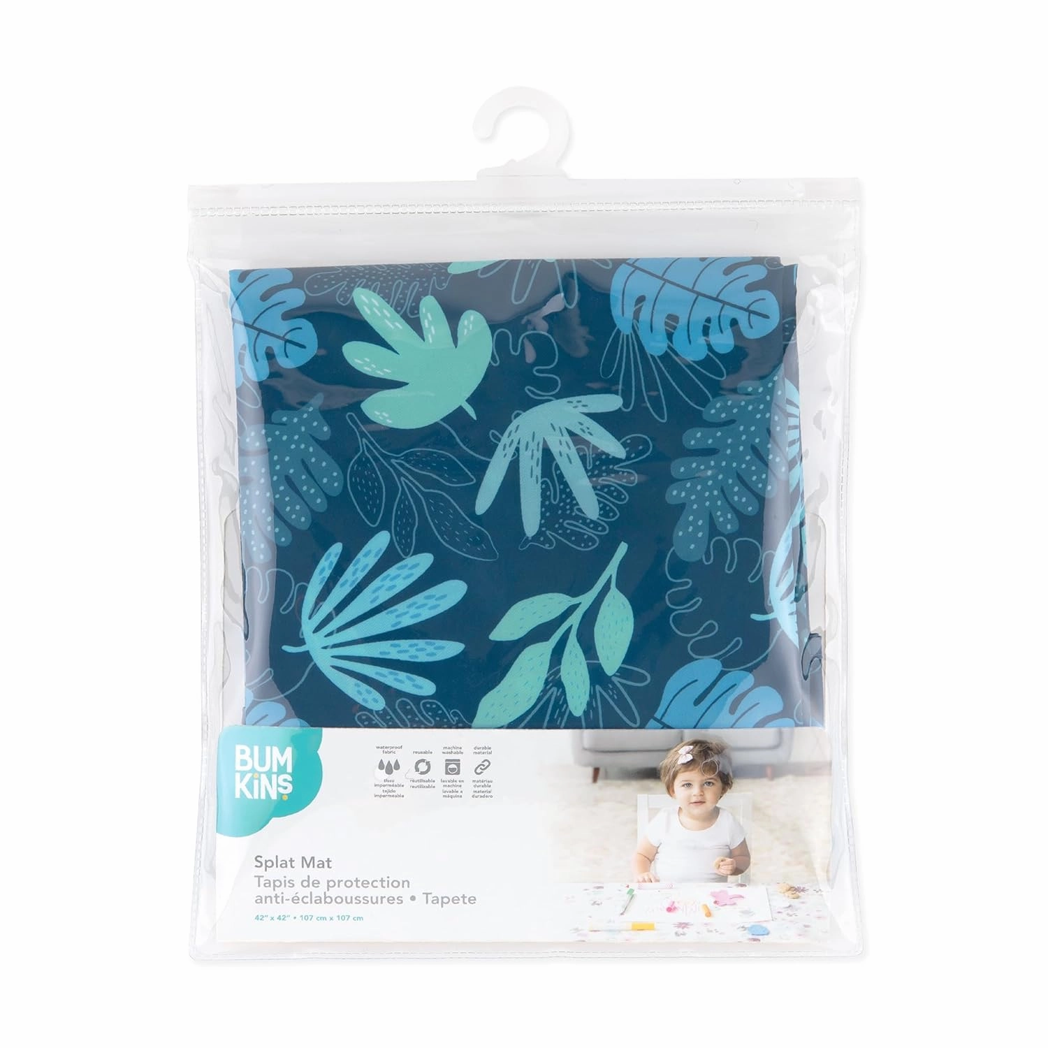 Bumkins Baby Splat Mat for Under High Chair, Babies Toddlers Eating Mess Mat, Waterproof Reusable Cloth for Arts and Crafts, Playtime Mat for Kids, Floors or Tables, Fabric 42inx42in, Blue Tropic