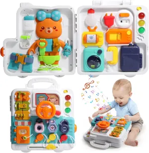 Busy Board for 1 Year Old with Music,Toddler Toys for 1-2 Year Boy Girl, Montessori Busy Board with LED Light,Motor Skills Developmental Toy for 12-18 Month Age, Birthday Gift for 1  Year Old Orange