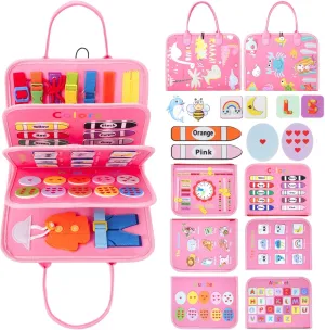 Busy Board for Toddlers 1 2 3 4 Years Old, Montessori Toy Preschool Life Skills Learning Sensory Board, Dress Fine Motor Skills Count Color in One Portable Travel Gifts to Keep Babies Busy