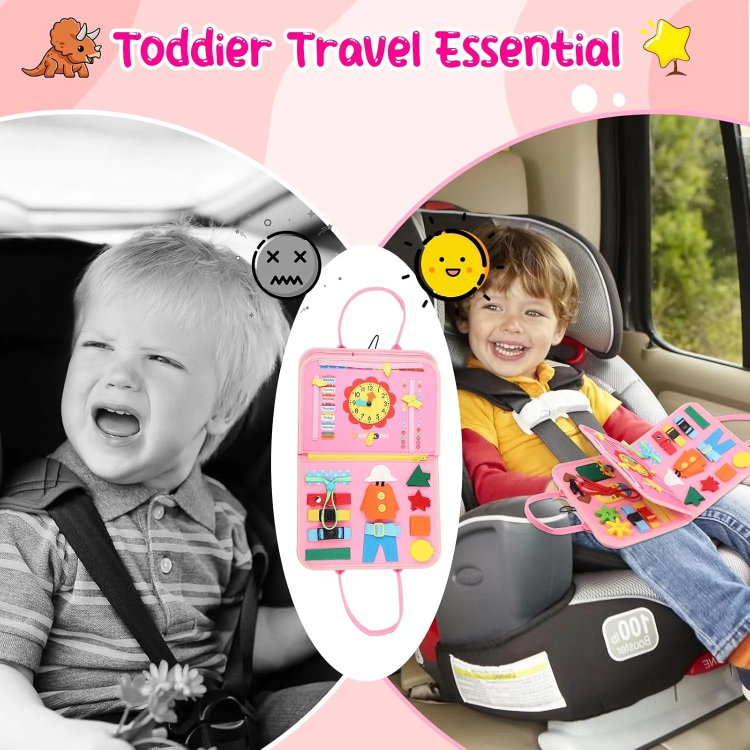 Busy Board for Toddlers 1-4, Montessori Toys for Kids, Pink 8 Pages