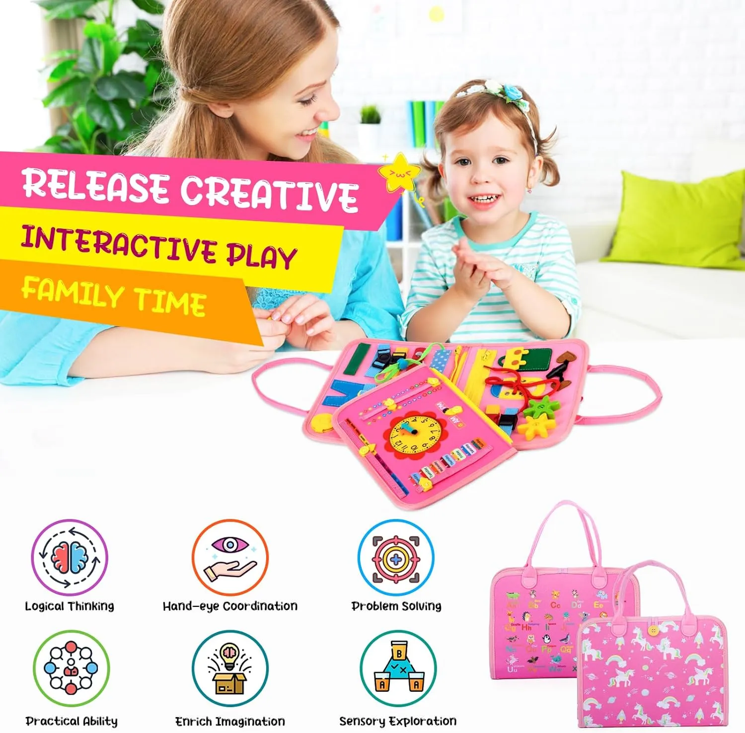 Busy Board for Toddlers 1-4, Montessori Toys for Kids, Pink 8 Pages