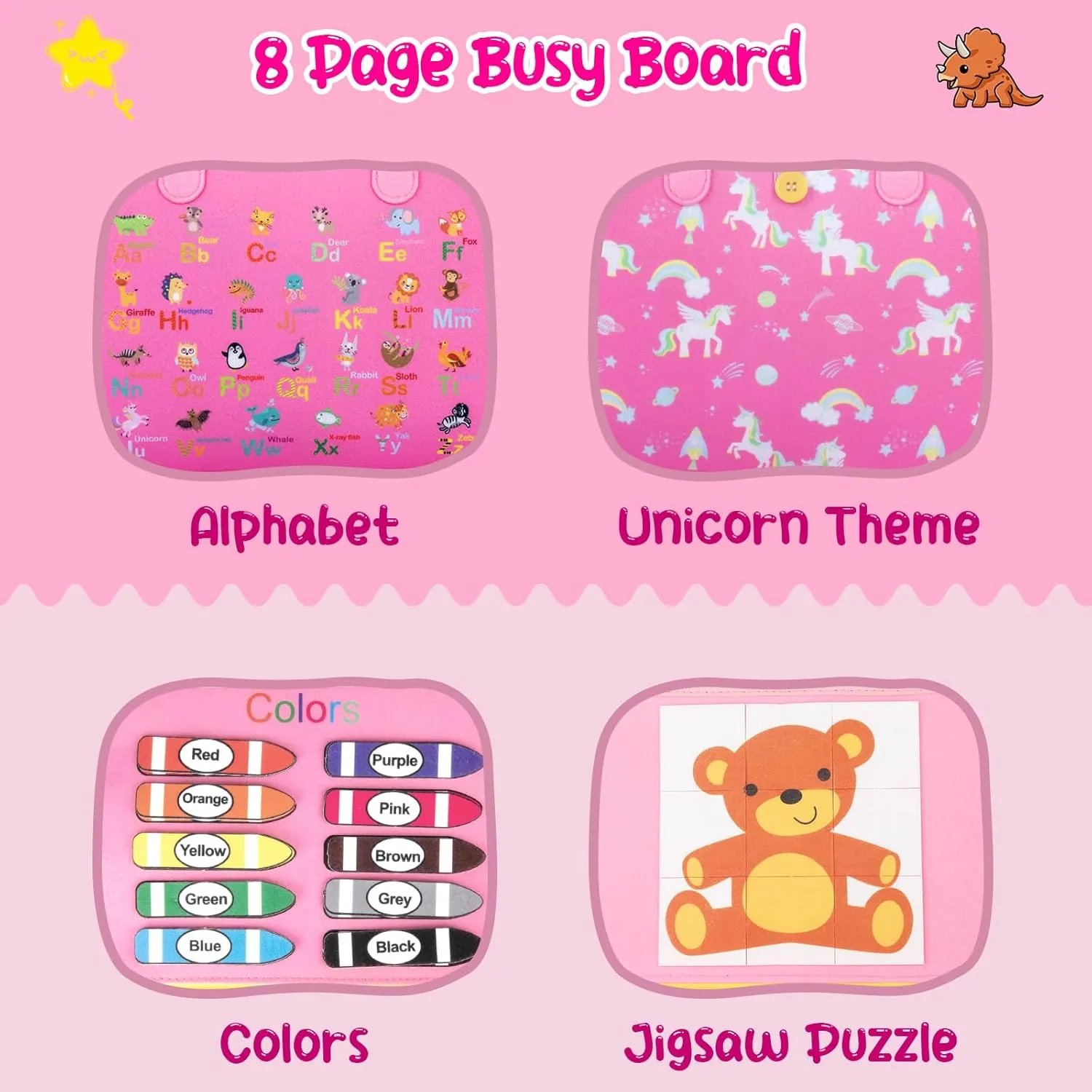 Busy Board for Toddlers 1-4, Montessori Toys for Kids, Pink 8 Pages
