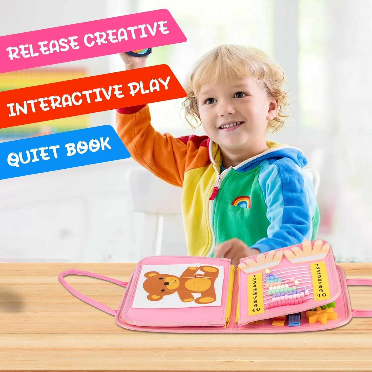 Busy Board for Toddlers 1-4, Montessori Toys for Kids, Pink 8 Pages