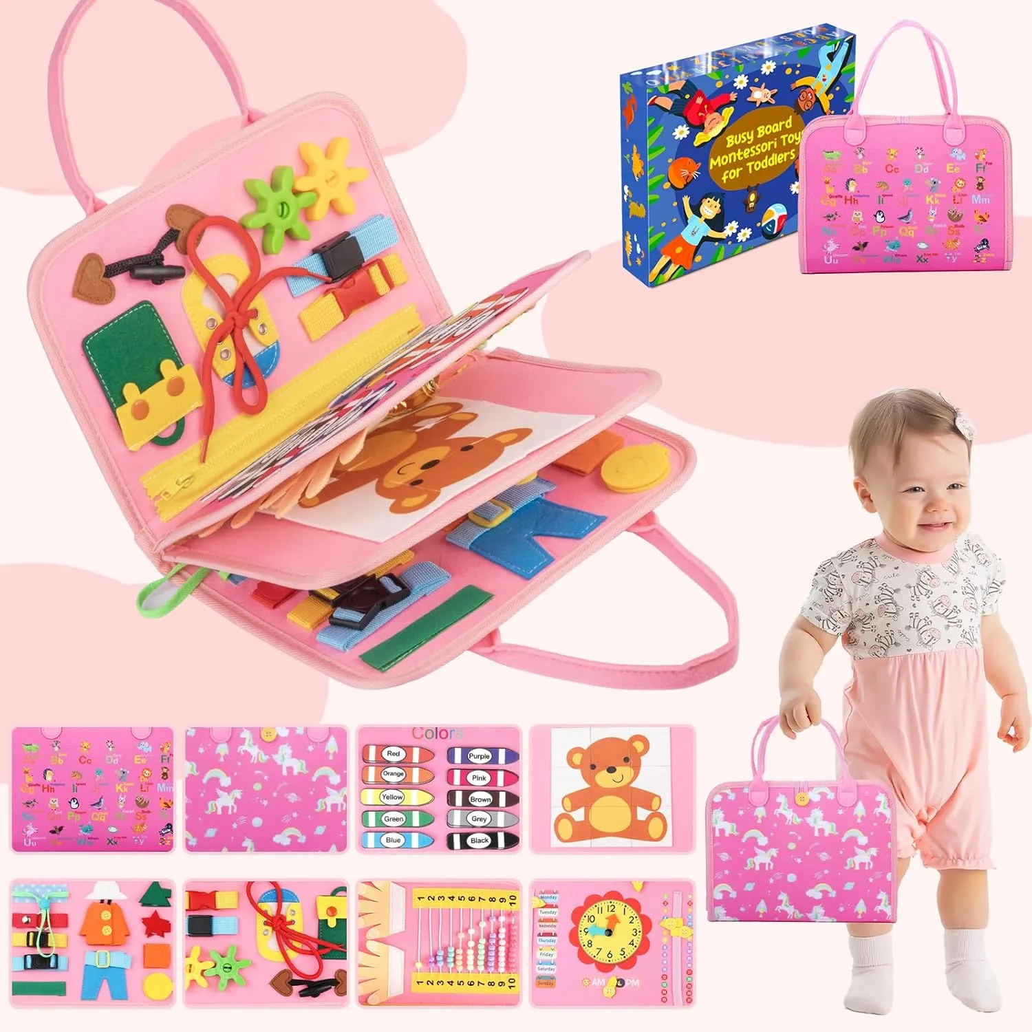 Busy Board for Toddlers 1-4, Montessori Toys for Kids, Pink 8 Pages