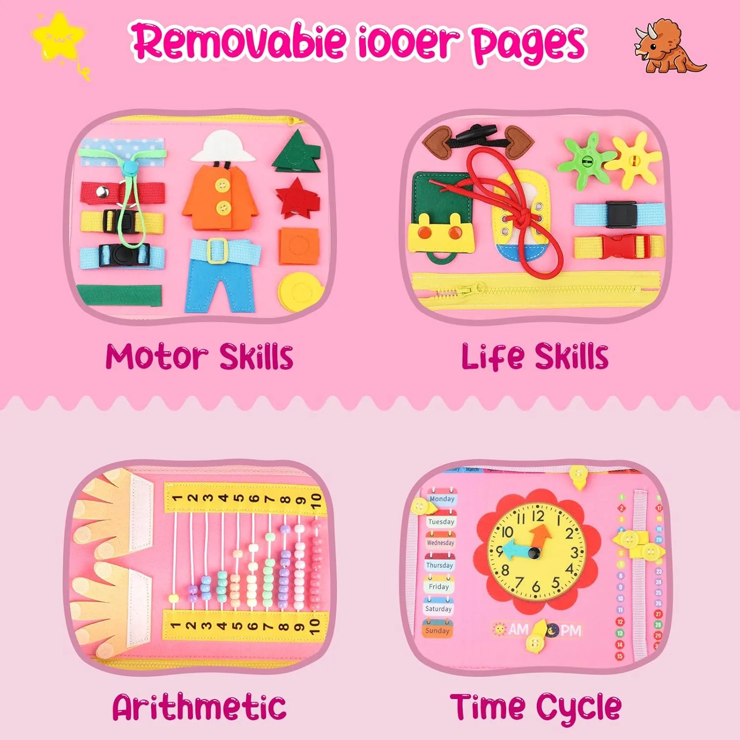 Busy Board for Toddlers 1-4, Montessori Toys for Kids, Pink 8 Pages