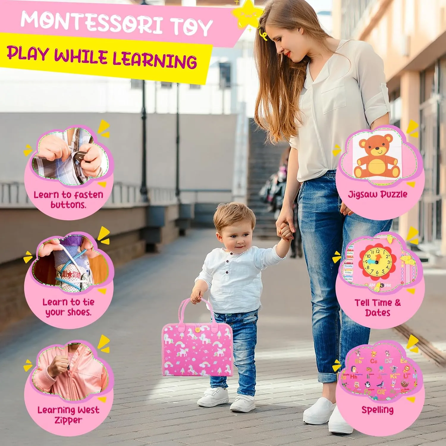 Busy Board for Toddlers 1-4, Montessori Toys for Kids, Pink 8 Pages