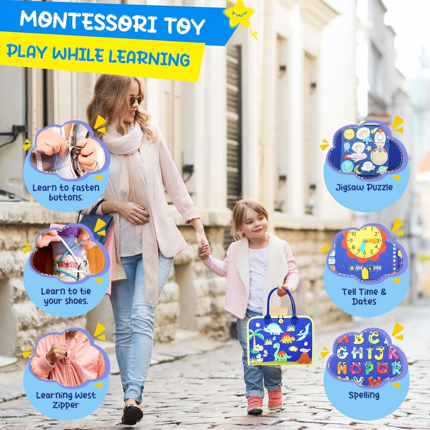 Busy Board for Toddlers 1-4, Montessori Toys with 6 Pages, Blue