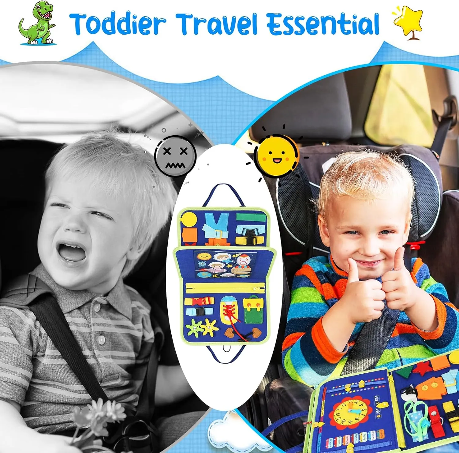 Busy Board for Toddlers 1-4, Montessori Toys with 6 Pages, Blue