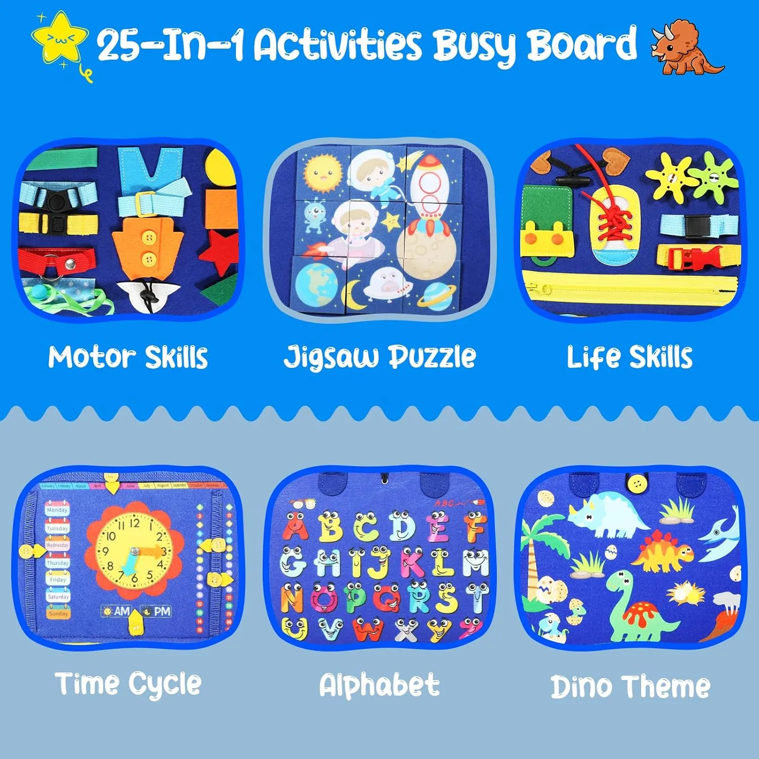 Busy Board for Toddlers 1-4, Montessori Toys with 6 Pages, Blue