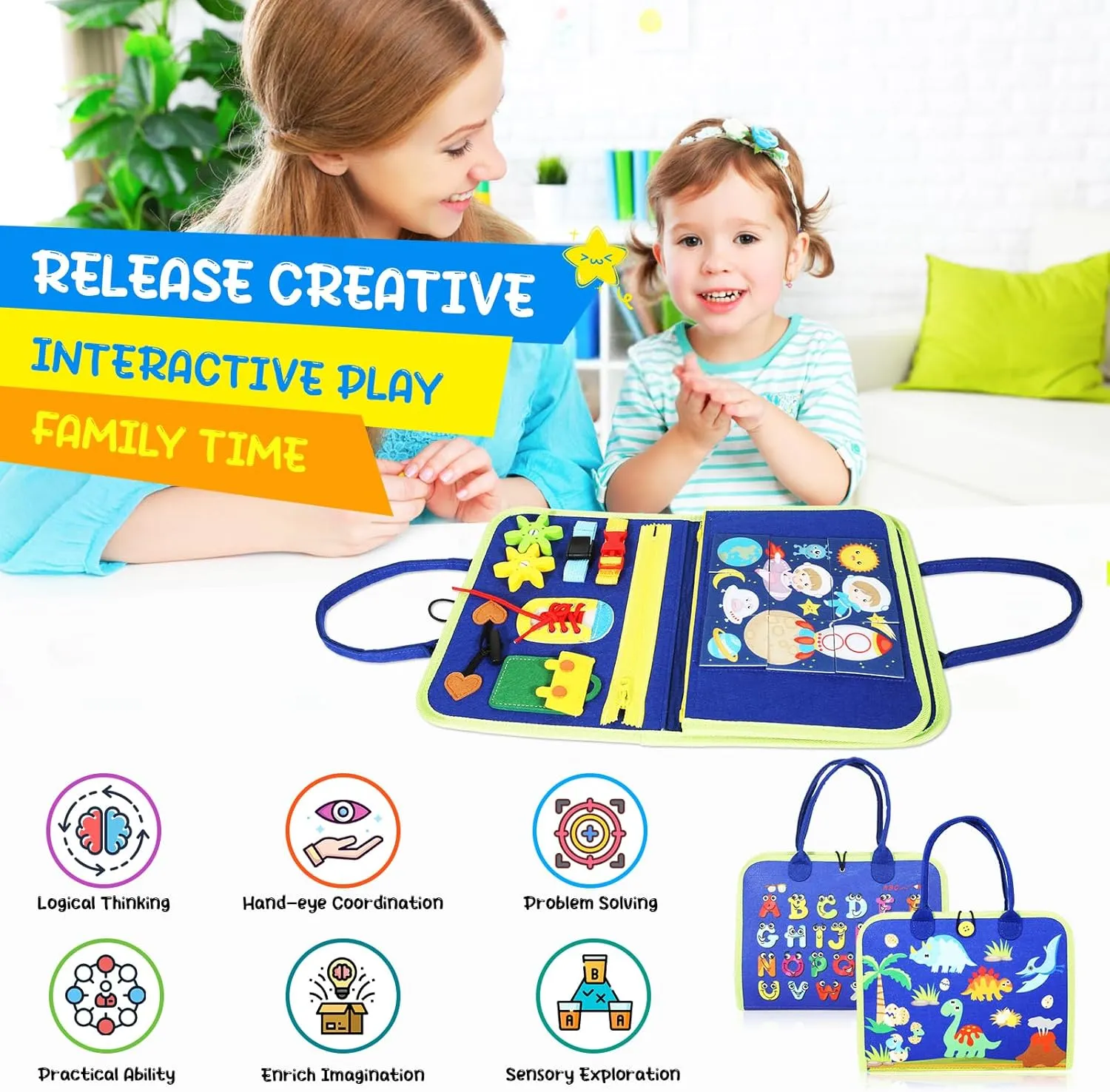 Busy Board for Toddlers 1-4, Montessori Toys with 6 Pages, Blue