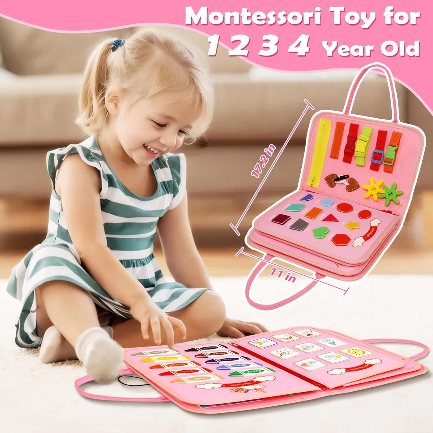 Busy Board Montessori Toys for 1 2 3 4 Year Old, Busy Book Sensory Toy for Toddlers Learning Fine Motor Skills, Educational Activities Airplane Car Travel Toy for Baby Boys Girls, Pink