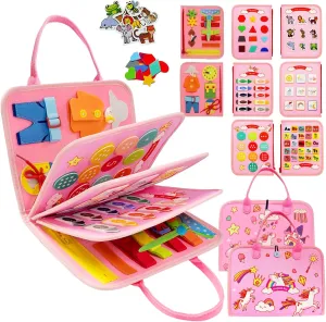 Busy Board Montessori Toys for 1 2 3 4 Year Old, Busy Book Sensory Toy for Toddlers Learning Fine Motor Skills, Educational Activities Airplane Car Travel Toy for Baby Boys Girls, Pink