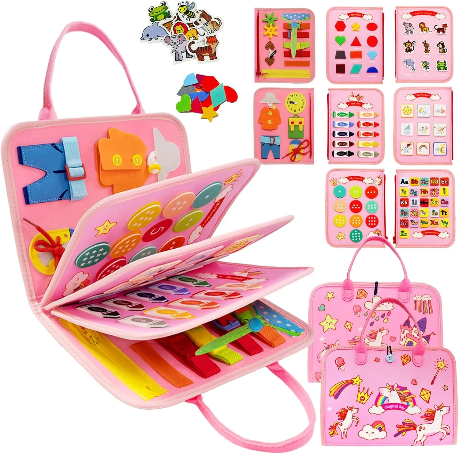 Busy Board Montessori Toys for 1 2 3 4 Year Old, Busy Book Sensory Toy for Toddlers Learning Fine Motor Skills, Educational Activities Airplane Car Travel Toy for Baby Boys Girls, Pink