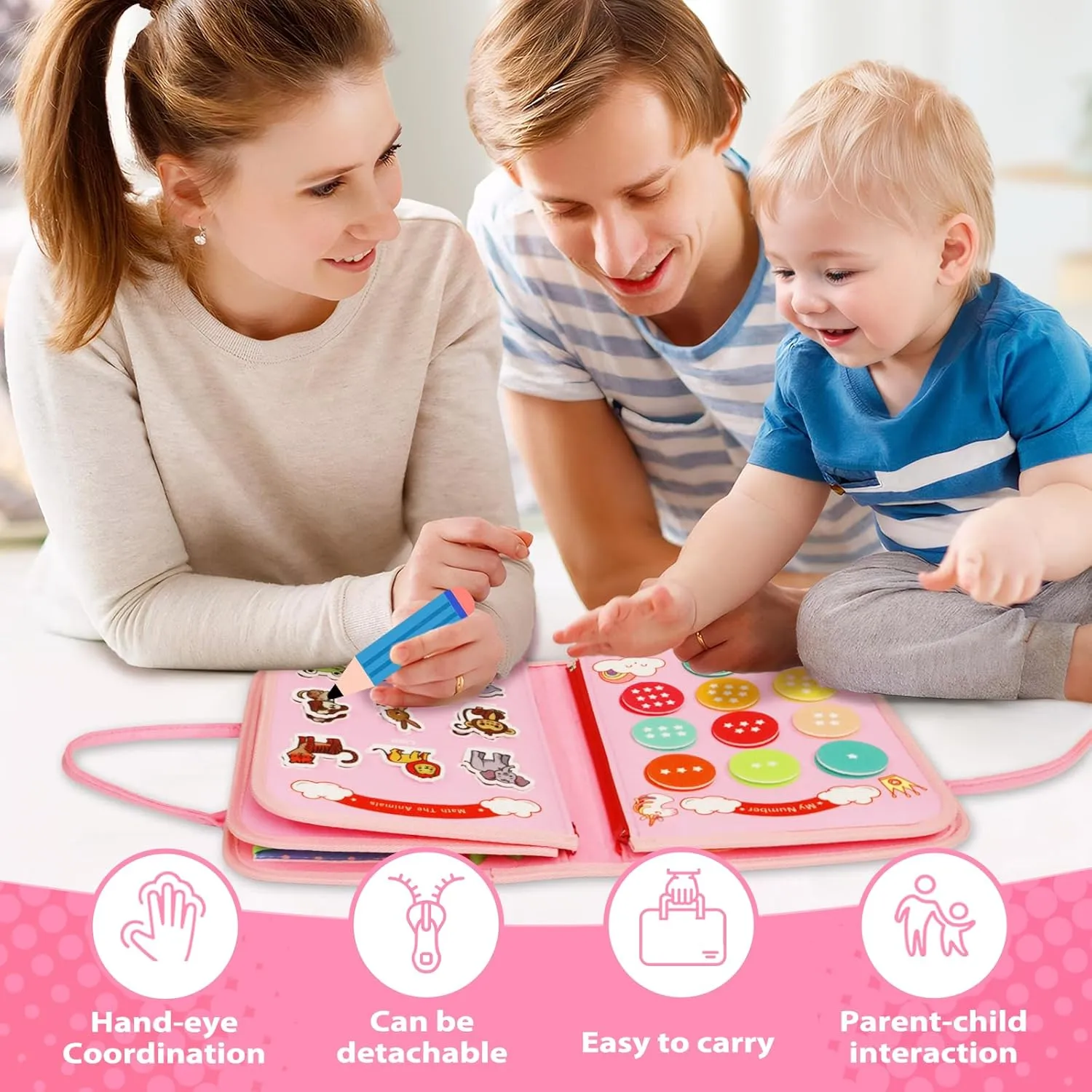 Busy Board Montessori Toys for 1 2 3 4 Year Old, Busy Book Sensory Toy for Toddlers Learning Fine Motor Skills, Educational Activities Airplane Car Travel Toy for Baby Boys Girls, Pink