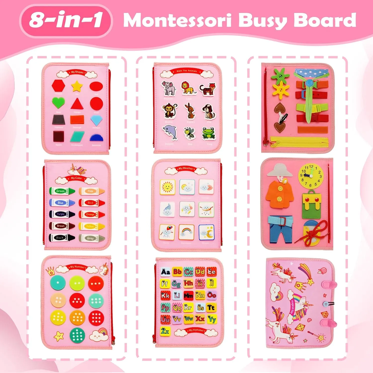Busy Board Montessori Toys for 1 2 3 4 Year Old, Busy Book Sensory Toy for Toddlers Learning Fine Motor Skills, Educational Activities Airplane Car Travel Toy for Baby Boys Girls, Pink