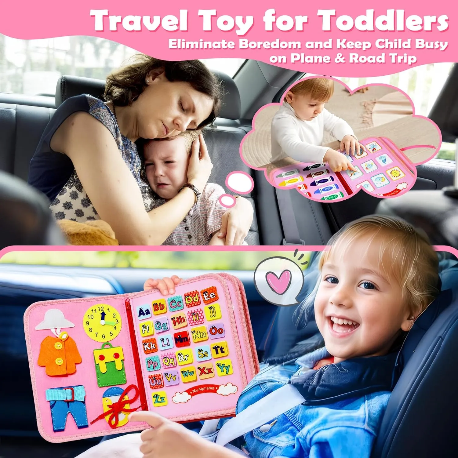 Busy Board Montessori Toys for 1 2 3 4 Year Old, Busy Book Sensory Toy for Toddlers Learning Fine Motor Skills, Educational Activities Airplane Car Travel Toy for Baby Boys Girls, Pink