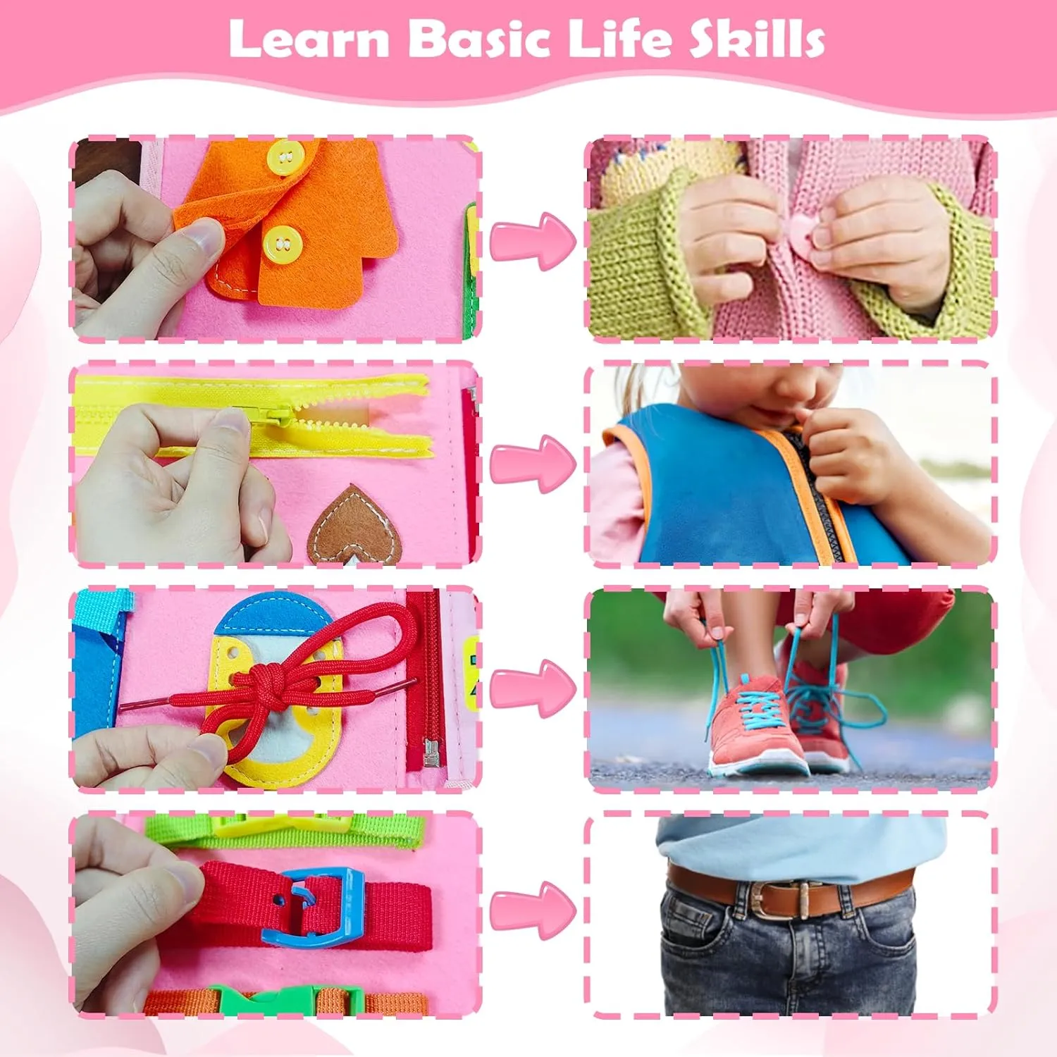 Busy Board Montessori Toys for 1 2 3 4 Year Old, Busy Book Sensory Toy for Toddlers Learning Fine Motor Skills, Educational Activities Airplane Car Travel Toy for Baby Boys Girls, Pink
