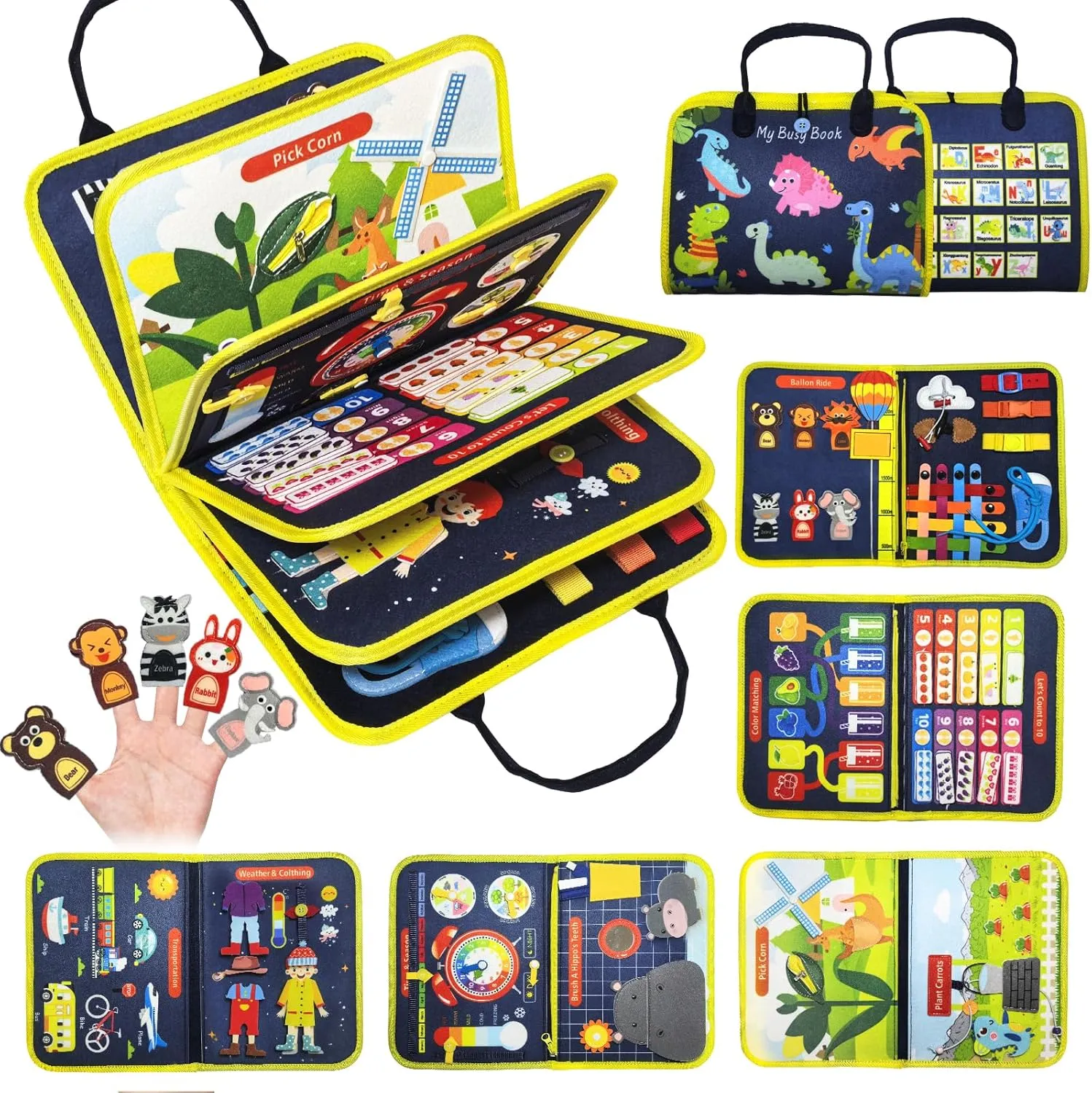 Busy Board ,Montessori Toys for Baby 3  Year Old,Learning Toys Sensory Busy Book 12 Pages Educational Activity Basic Dress Motor Skills,Kids Travel Toy for Plane Car,Birthday Gift for Boys Girls