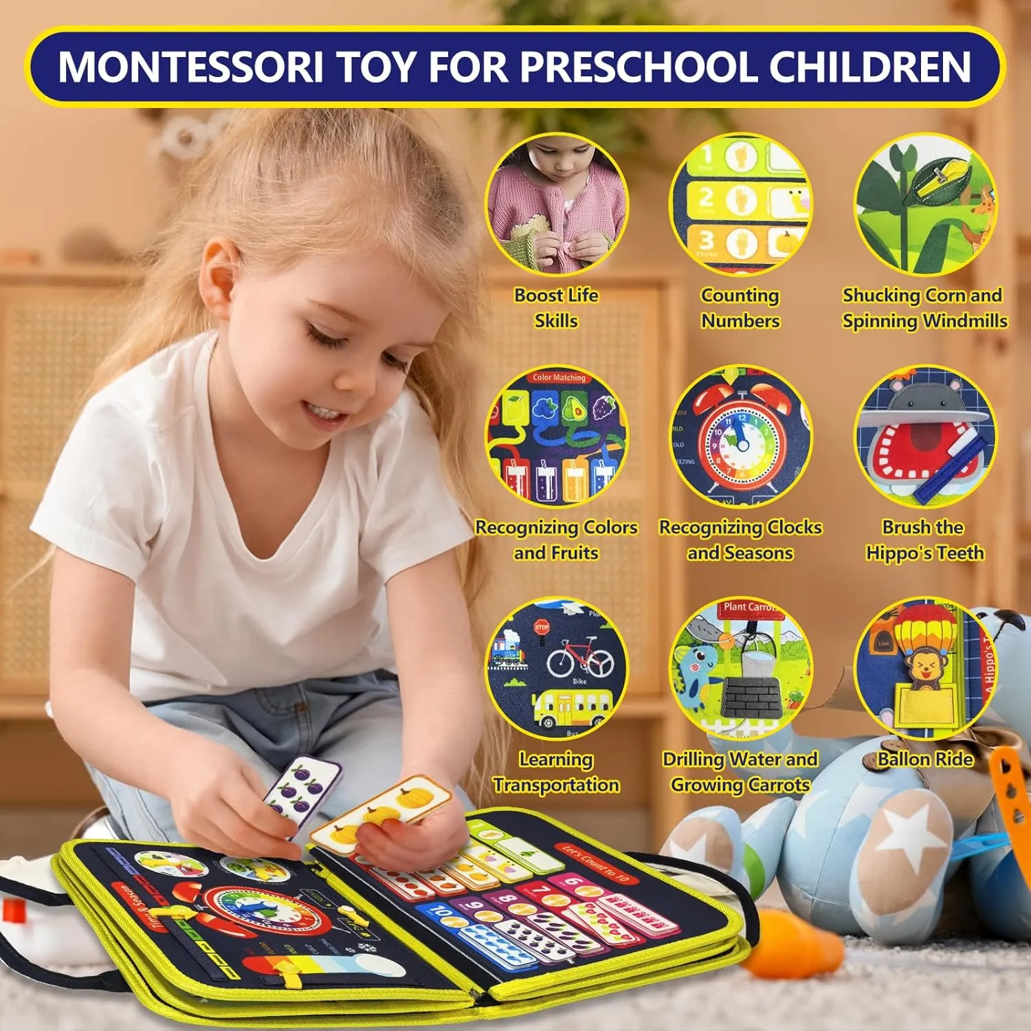 Busy Board ,Montessori Toys for Baby 3  Year Old,Learning Toys Sensory Busy Book 12 Pages Educational Activity Basic Dress Motor Skills,Kids Travel Toy for Plane Car,Birthday Gift for Boys Girls