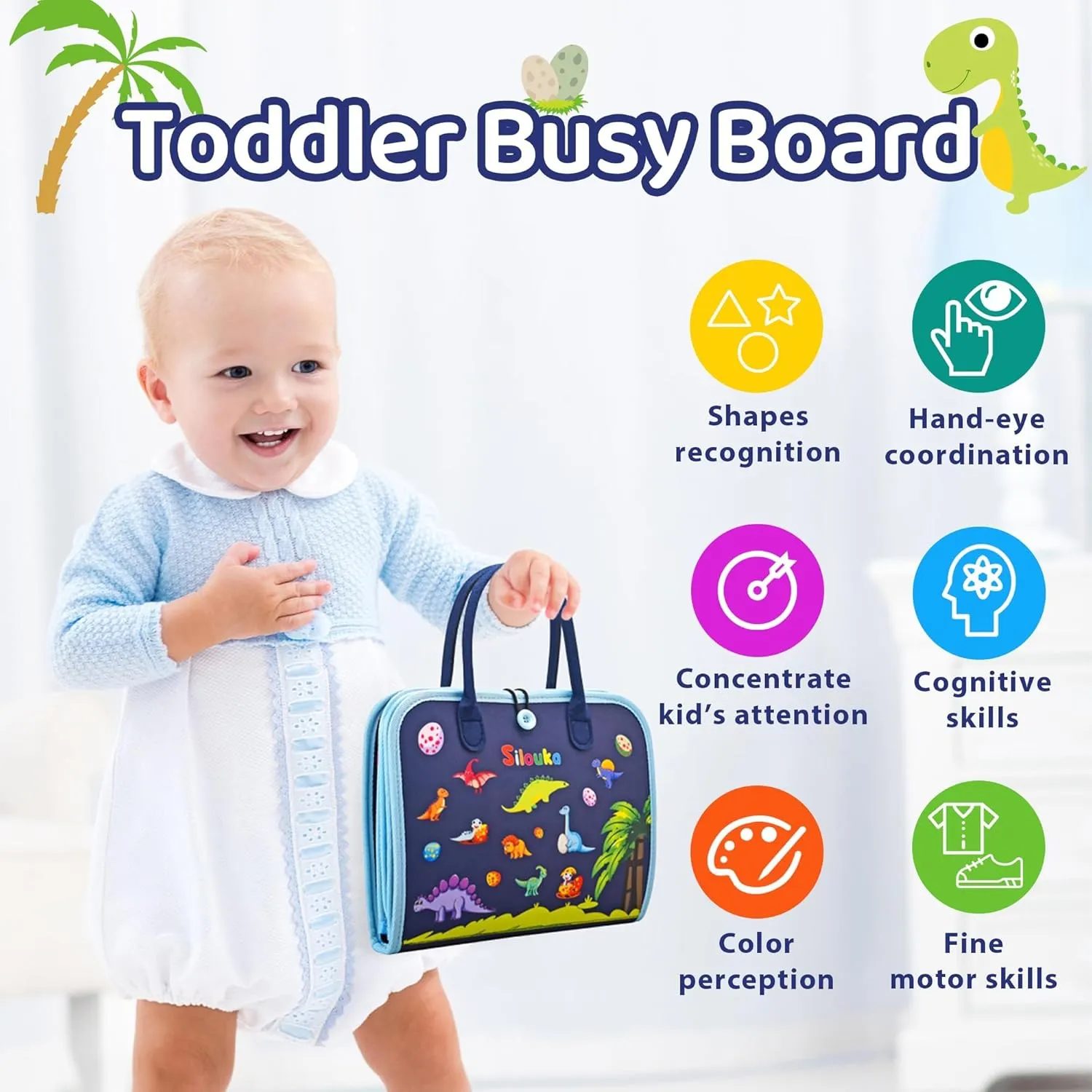 Busy Board Montessori Toys for Toddlers 1 2 3 4 Years Old, Busy Book for Toddlers 1-3 to Develop Fine Motor Skills, Travel Educational Gift for Boys (Dinosaur)