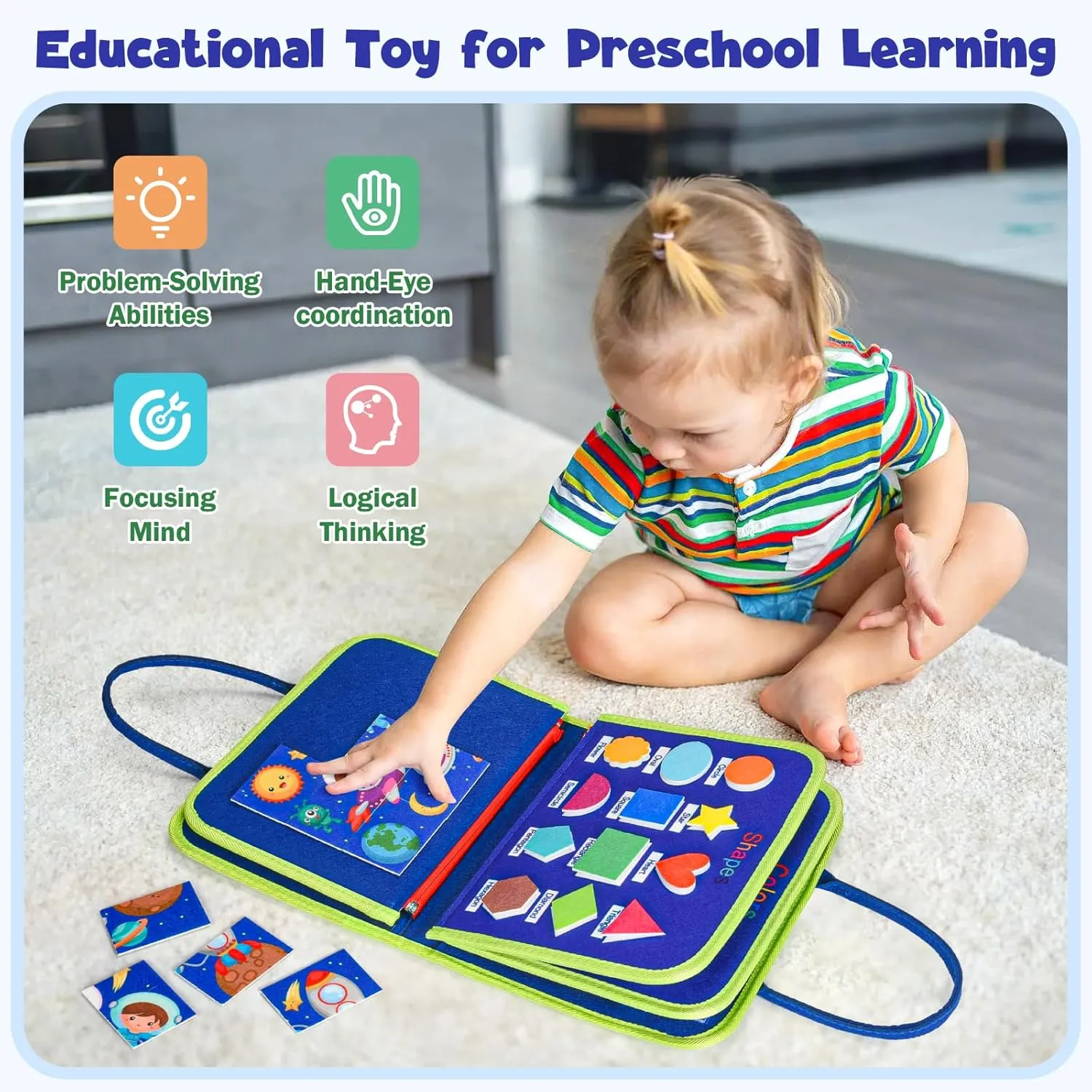 Busy Board Montessori Toys for Toddlers: Busy Book Sensory Board Quiet Book Educational Activity Book for 3 4 5 Year Old Gifts for Boys Girls Kids, Toddler Travel Toys for Airplane Car (Blue)