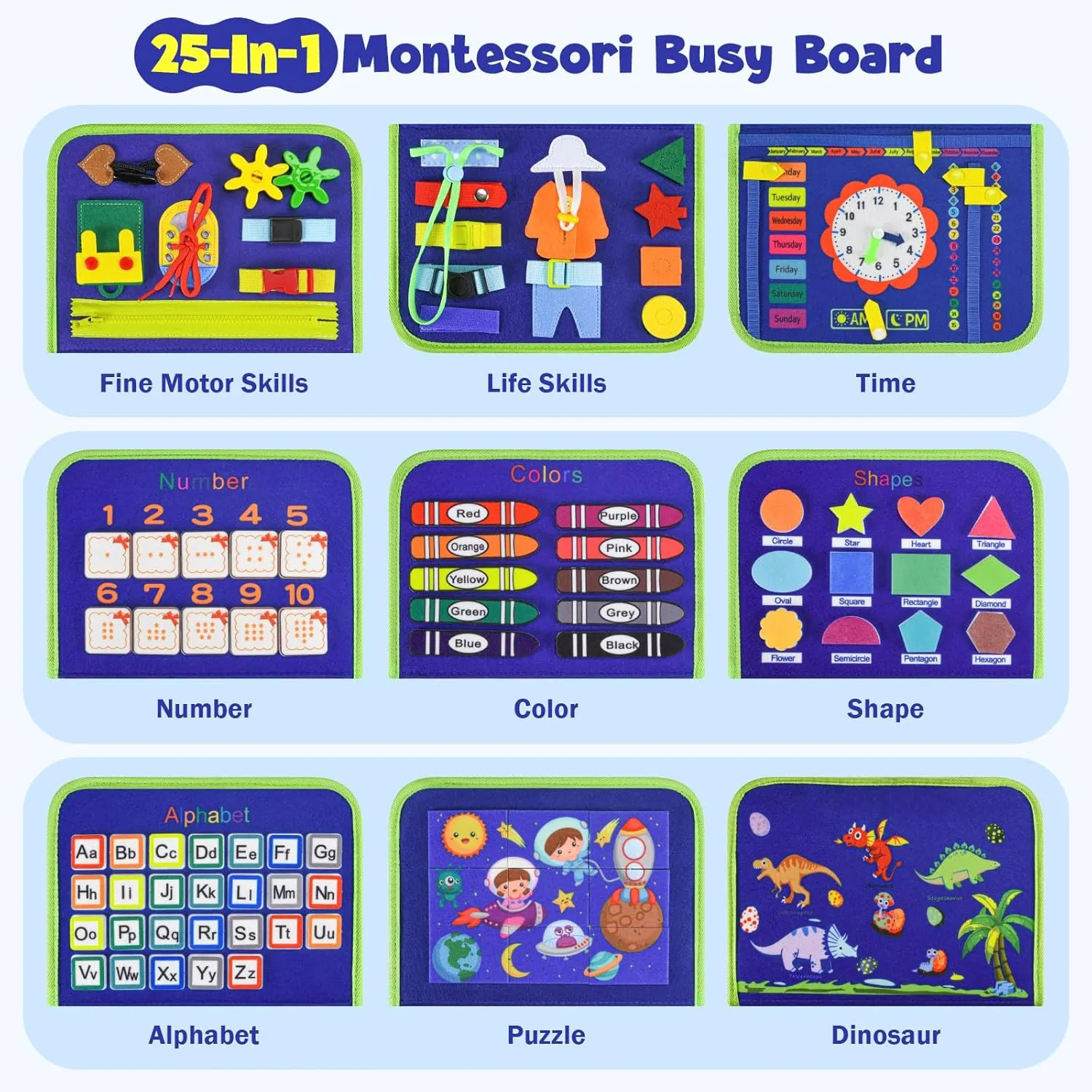 Busy Board Montessori Toys for Toddlers: Busy Book Sensory Board Quiet Book Educational Activity Book for 3 4 5 Year Old Gifts for Boys Girls Kids, Toddler Travel Toys for Airplane Car (Blue)