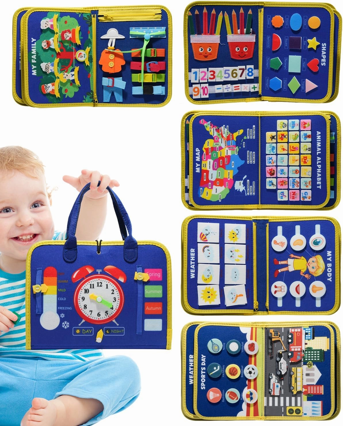 Busy Board Montessori Toys for 1 2 3 4 Year Old Girl Busy Book for Toddlers Preschool Learning Book for Fine Motor Skills, Sensory Toys for Autism Kids, Birthday Valentines Gifts for Boy 1-3 -Blue