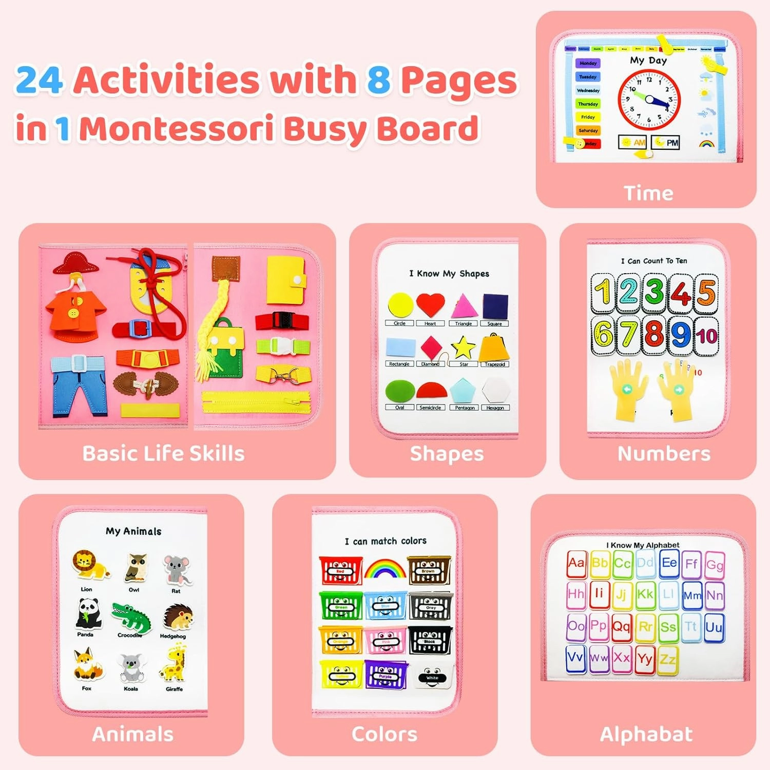 Busy Board Montessori Toys for Toddler,Busy Book - Sensory Preschool Learning Activities Educational Toys with Fine Motor Skills,Gift for Boys Girls,Travel Essentials for Plane Car (Pink)