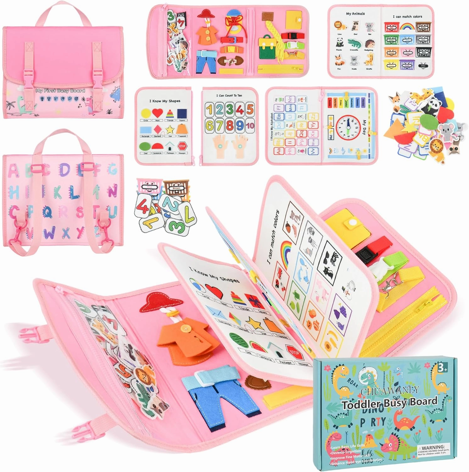 Busy Board Montessori Toys for Toddler,Busy Book - Sensory Preschool Learning Activities Educational Toys with Fine Motor Skills,Gift for Boys Girls,Travel Essentials for Plane Car (Pink)