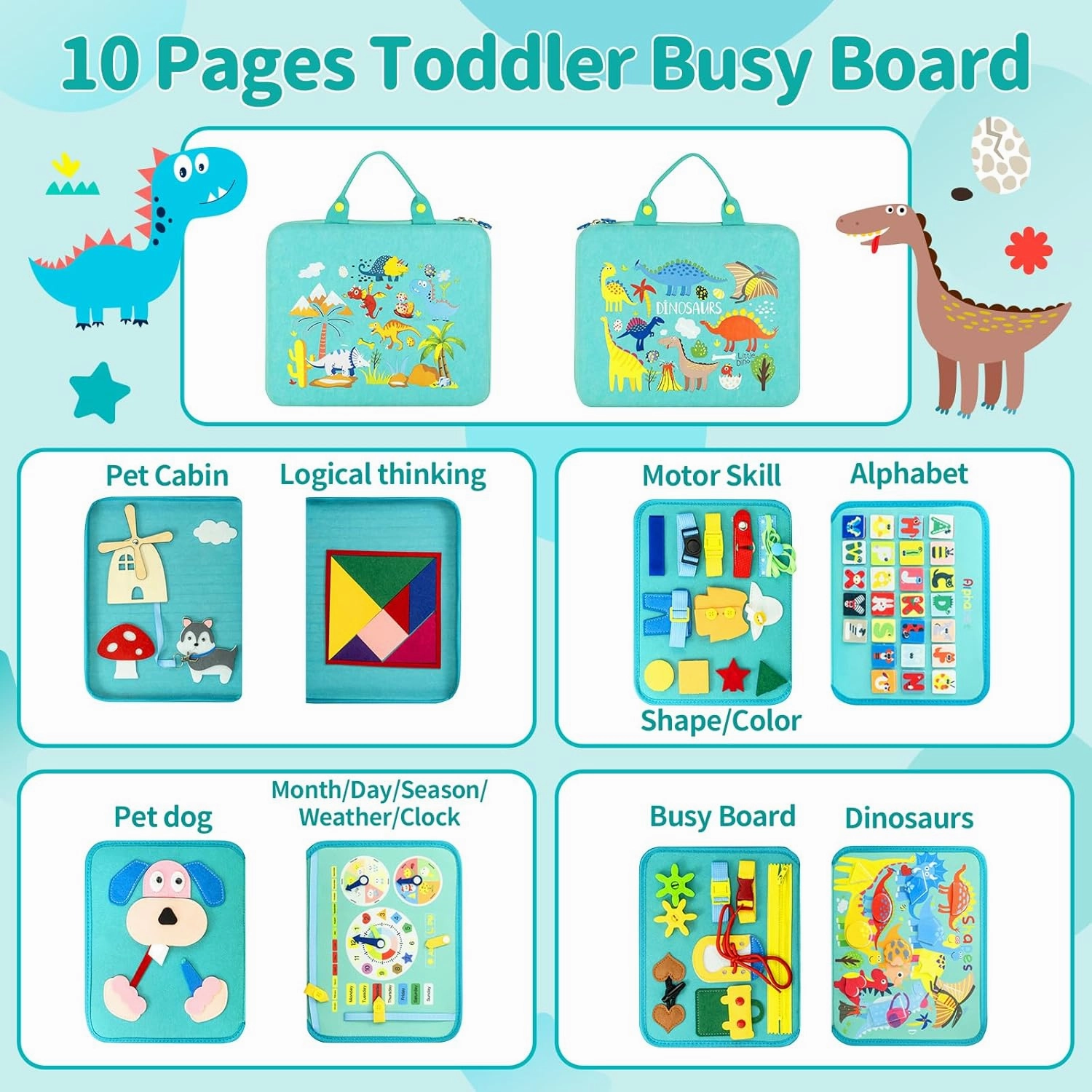 Busy Board Montessori Toys for Toddlers 1 2 3 4 Year-Busy Book Board Travel Toy for Plane Car, Birthday Gift for Boys Girls-Preschool Educational Learning Sensory Activity Motor Skills (Green)