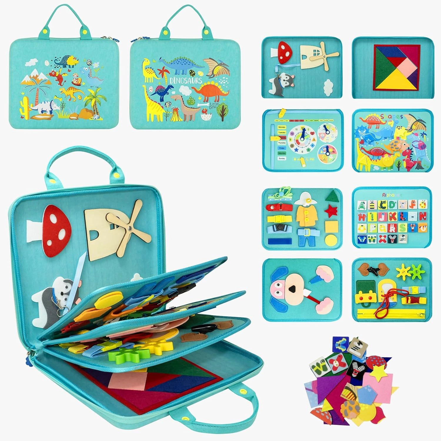 Busy Board Montessori Toys for Toddlers 1 2 3 4 Year-Busy Book Board Travel Toy for Plane Car, Birthday Gift for Boys Girls-Preschool Educational Learning Sensory Activity Motor Skills (Green)