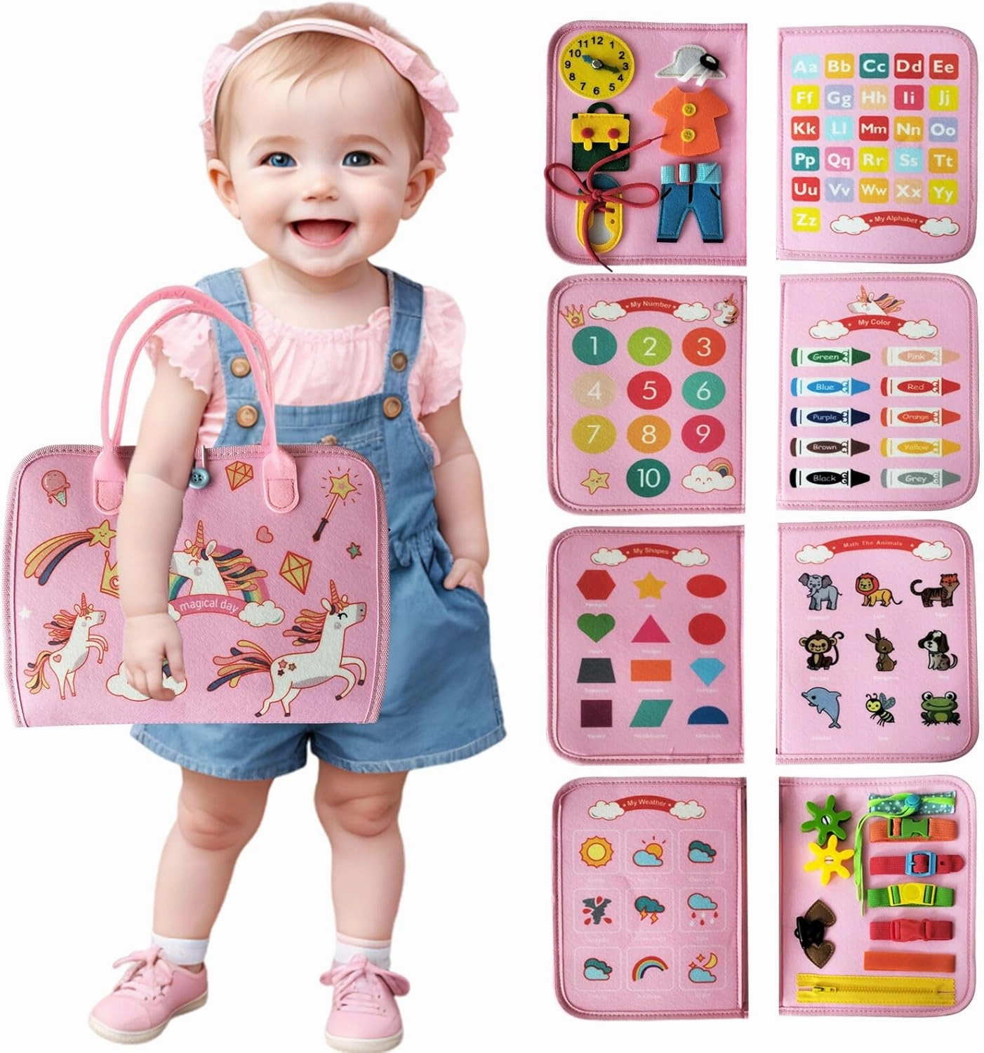 Busy Book for Toddlers 1-3 Years - Montessori Sensory Activity with Zipper & Button Practice | Travel-Friendly Quiet Toy | Non-Toxic Felt Material (Pink Unicorn)