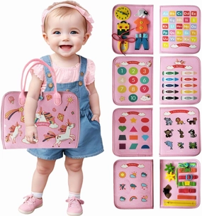 Busy Book for Toddlers 1-3 Years - Montessori Sensory Activity with Zipper & Button Practice | Travel-Friendly Quiet Toy | Non-Toxic Felt Material (Pink Unicorn)