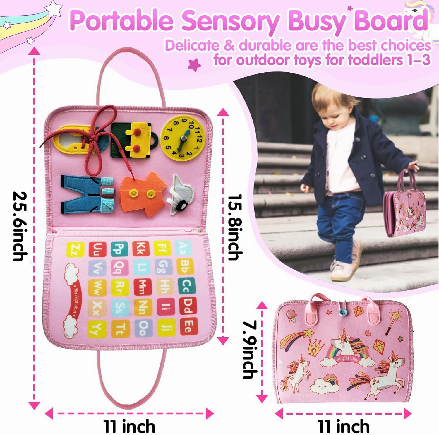 Busy Book for Toddlers 1-3 Years - Montessori Sensory Activity with Zipper & Button Practice | Travel-Friendly Quiet Toy | Non-Toxic Felt Material (Pink Unicorn)