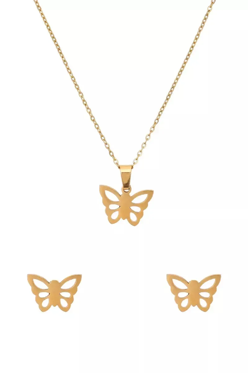 Butterfly Pendant Necklace & Earrings Set for Girls & Women - 1,Gold,10 Inch