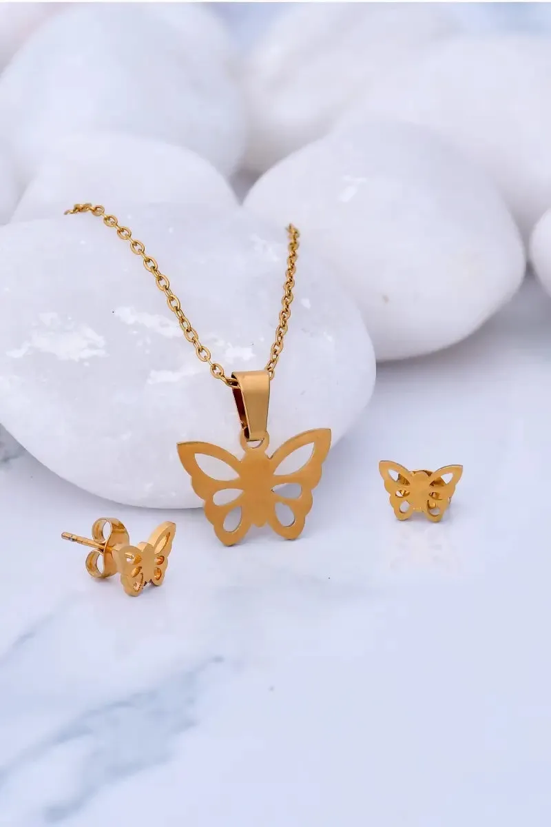 Butterfly Pendant Necklace & Earrings Set for Girls & Women - 1,Gold,10 Inch