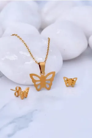 Butterfly Pendant Necklace & Earrings Set for Girls & Women - 1,Gold,10 Inch