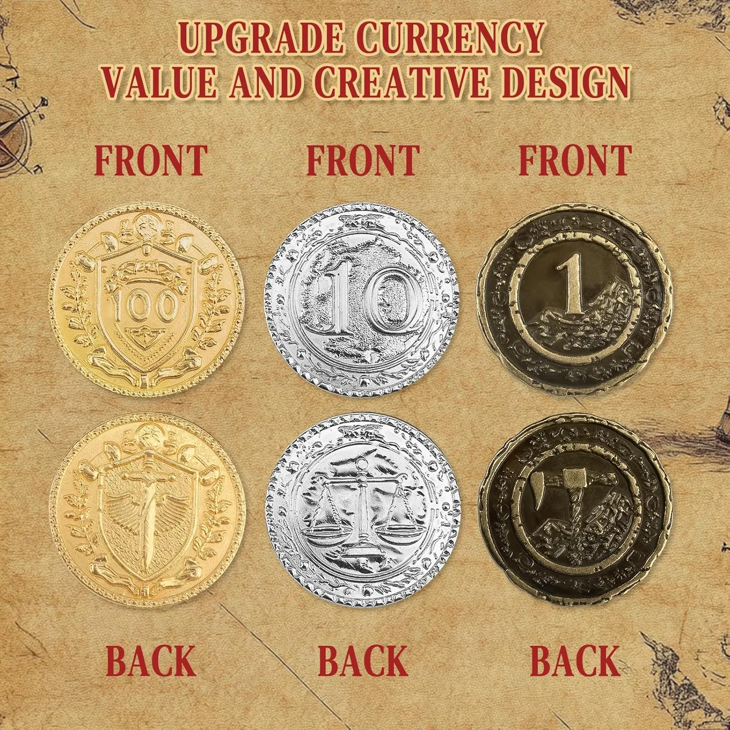 Byhoo 100 PCS Metal DND Coins, 1.2" Gold Silver Copper Tokens with Face Value for Board Game and Tabletop RPG, Fantasy Metal Coins for Pirate Game Party Cosplay