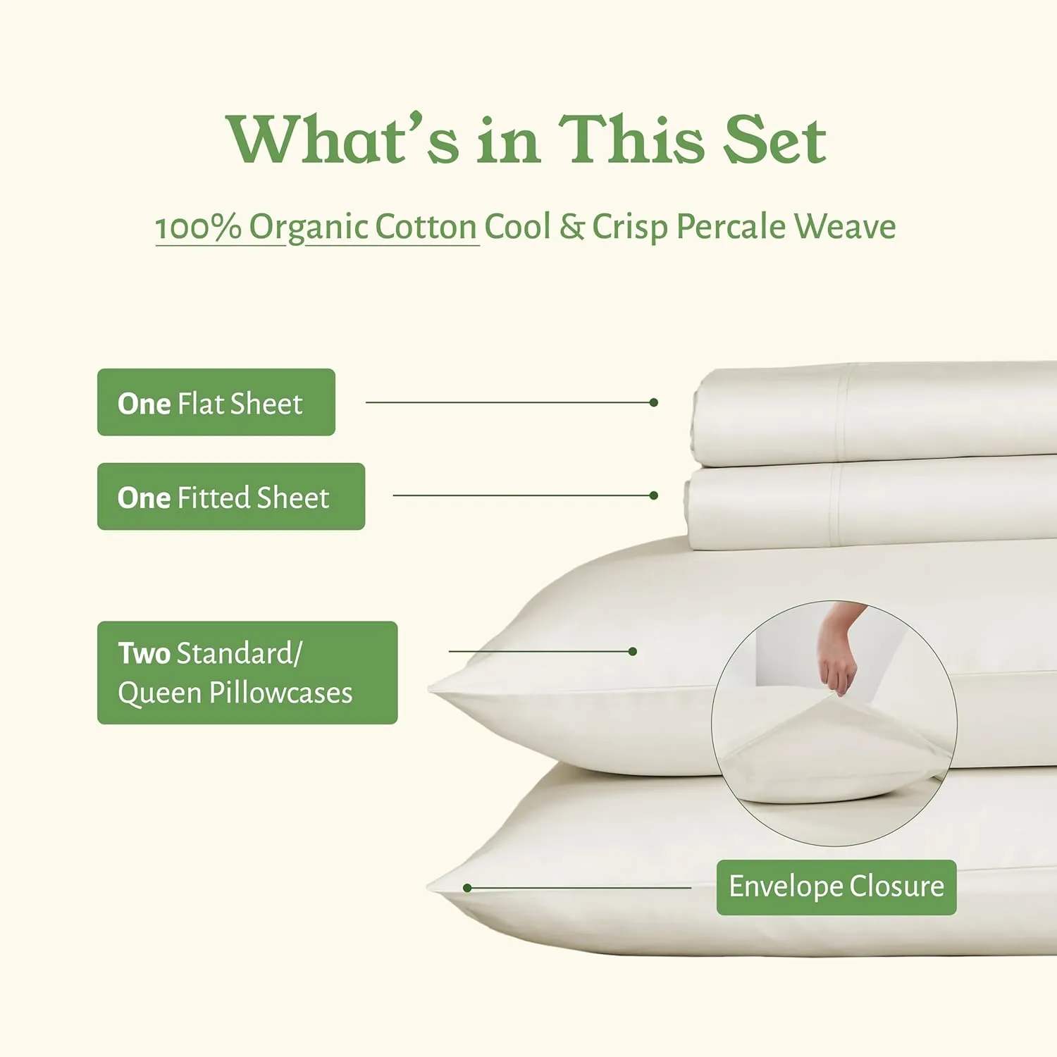 California Design Den Sheets Queen Size Bed Set - Soft 100% Organic Sheets with Deep Pockets, Crisp Percale, Breathable and Durable Bedding Set - Creamy Ivory